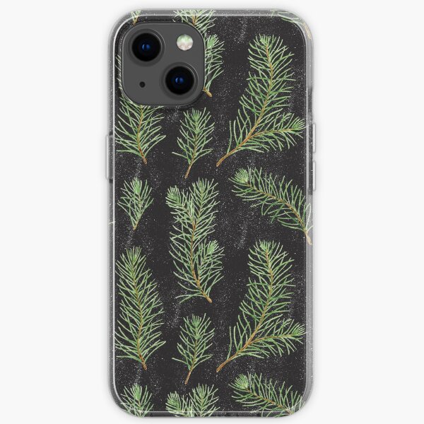 Watercolor pine branches pattern on black background iPhone Soft Case