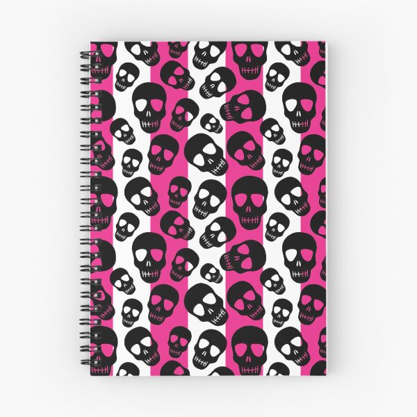 Item preview, skull pattern on a pink and white striped background. Striped pattern with black skulls designed and sold by Dustick.