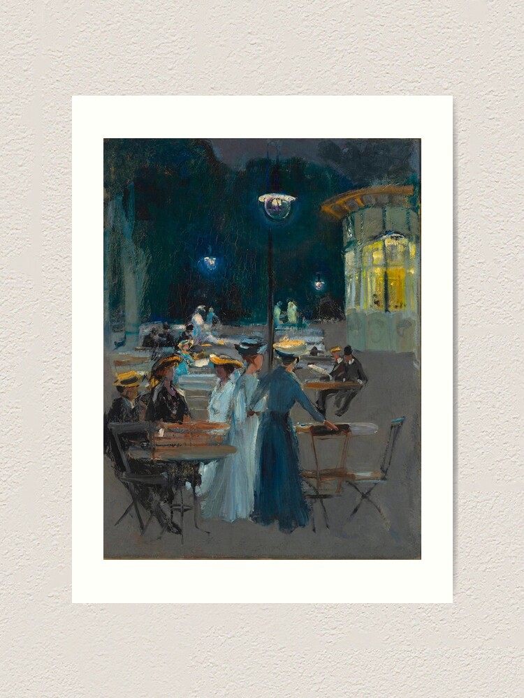 Paris Cafe Terrace at Night - French Vintage Oil Painting by Louis 