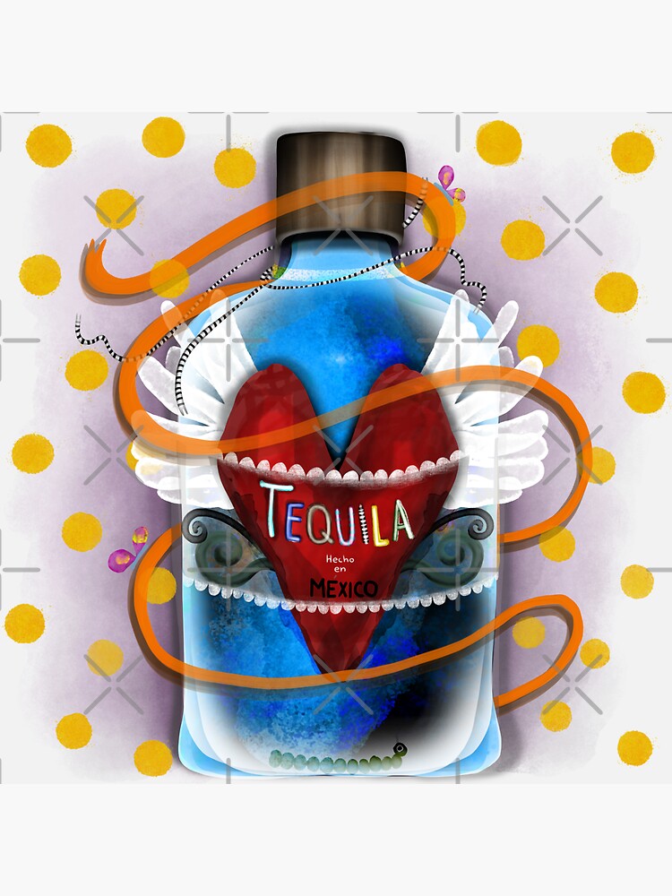 "Tequila bottle sacred heart mexico wings Folk art blue and polka