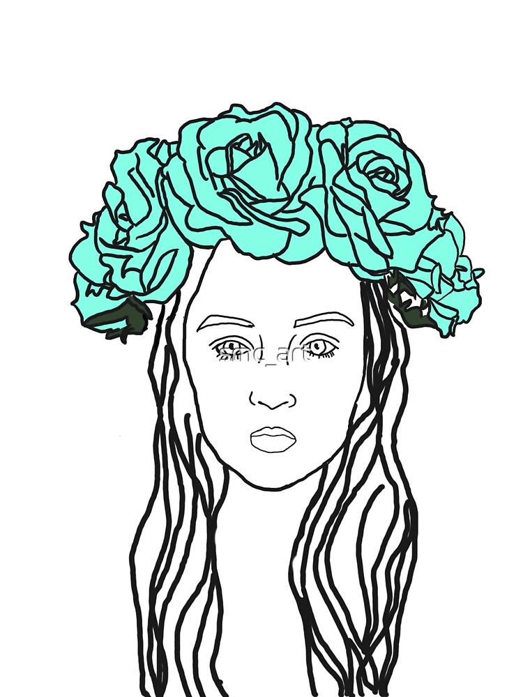 "Girl wearing teal rose flower crown pen sketch" Sticker by