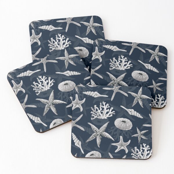 Item preview, dark blue background in nautical style with starfish seashells and corals designed and sold by Lana1512.