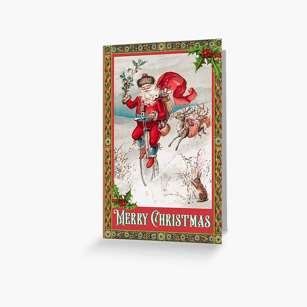 Item preview, Merry Christmas - Vintage Santa Claus on a Penny-farthing Bicycle designed and sold by GrayHareCards.