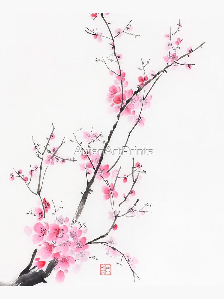Disover Elegant branch of cherry blossom with pink flowers on white Oriental sumi-e painting art print Kitchen Apron