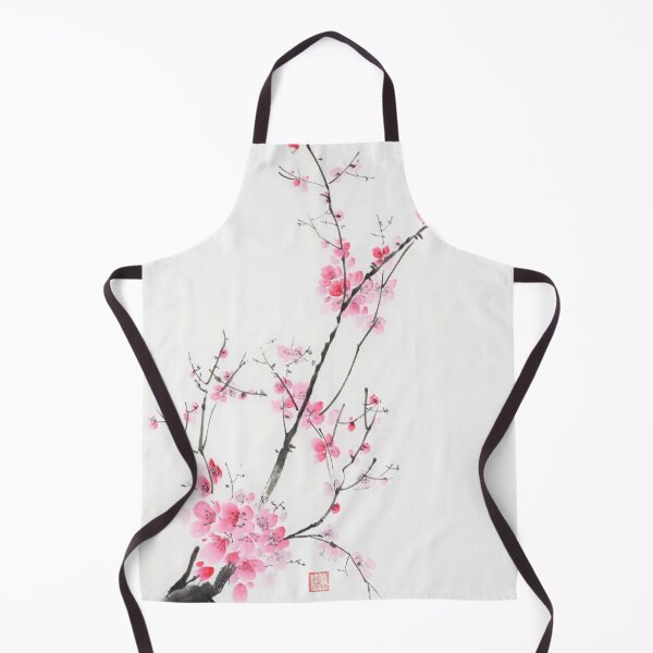Elegant branch of cherry blossom with pink flowers on white Oriental sumi-e painting art print Kitchen Apron