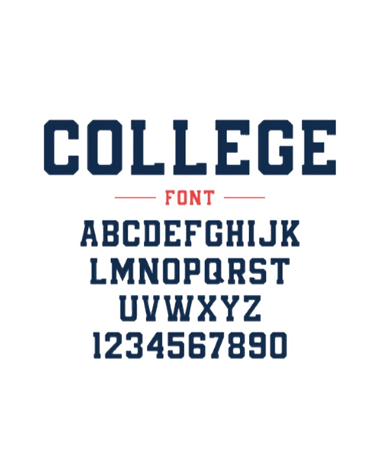 College or university alphabet. Original sport font with uppercase letters  and numbers for sports logo, t-shirt. Vintage athletic style typeface.  Vector illustration. Stock Vector