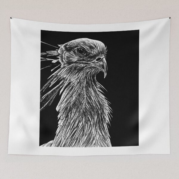 Item preview, Secretary bird black and white animal ink illustration designed and sold by LorenDowding.