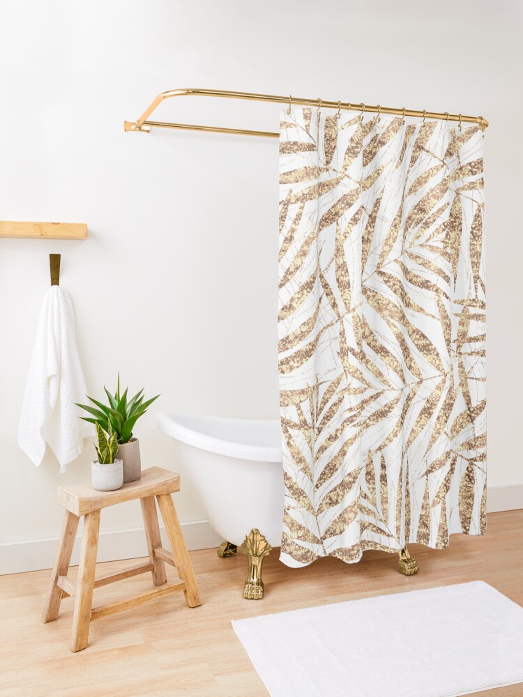 Alternate view of Elegant golden tropical palm leaves design Shower Curtain