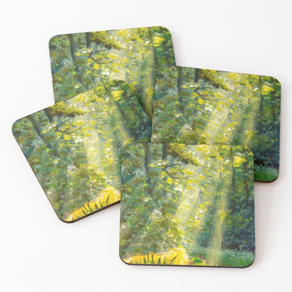 Item preview, Painting green forest sunlight. Bright sun rays in forest shining on path through green trees sunny illustration. designed and sold by rybakowvalery.