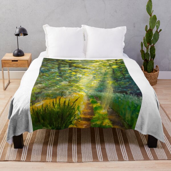 Item preview, Painting green forest sunlight. Bright sun rays in forest shining on path through green trees sunny illustration. designed and sold by rybakowvalery.