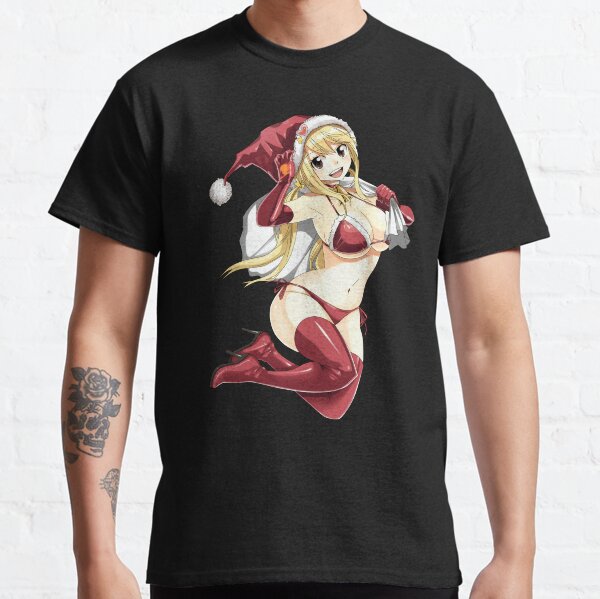 Lucy Heartfilia, Fairy Tail anime sticker pack, magic girl wearing Christmas sexy Santa Claus costume. Black background drawing Classic T-Shirt