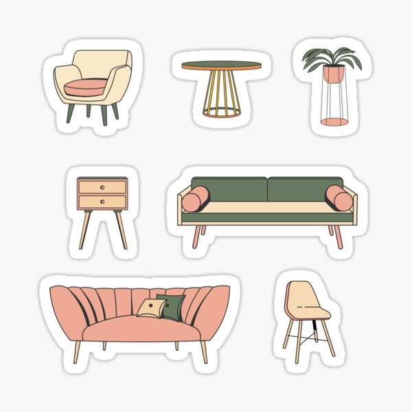 Set of Mid Century Furniture Items Pink and Green Sticker for Sale by A.  P.