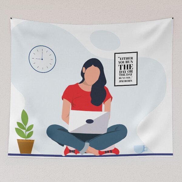 Item preview, Happy smiling woman working on laptop computer while sitting on the floor with legs crossed. designed and sold by KARTICK DUTTA.