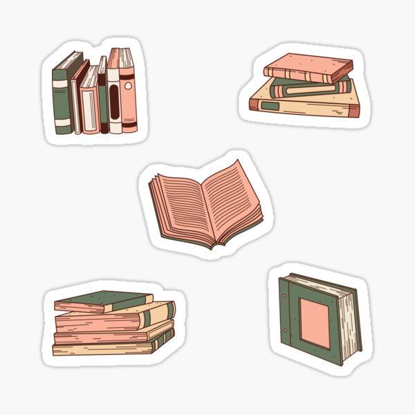 Cute Library Books Drawings Pink and Green Sticker for Sale by