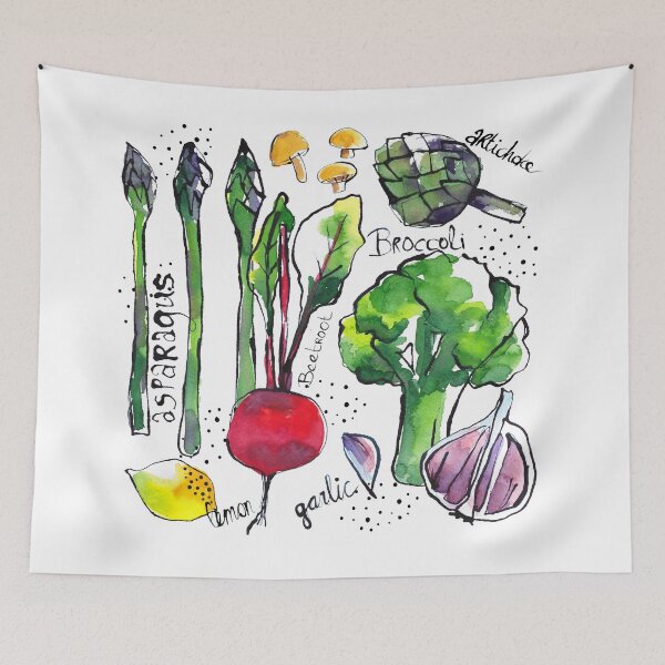 Item preview, Eat your veggies! Food illustration sketches handdrawn and painted. Asparagus, lemon, beetroot, broccoli, artichoke, mushrooms, garlic designed and sold by kittyvdheuvel.