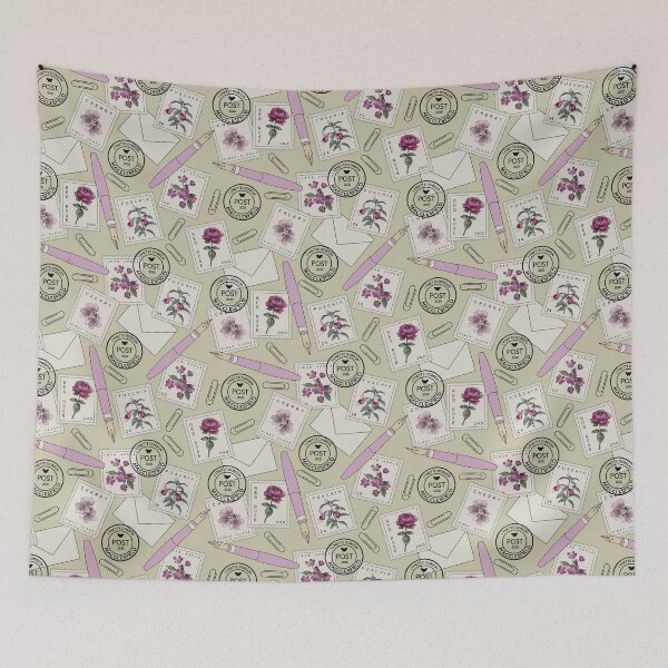 Item preview, Floral stamps and pink pens snail mail repeating pattern designed and sold by Lynette Dobson.