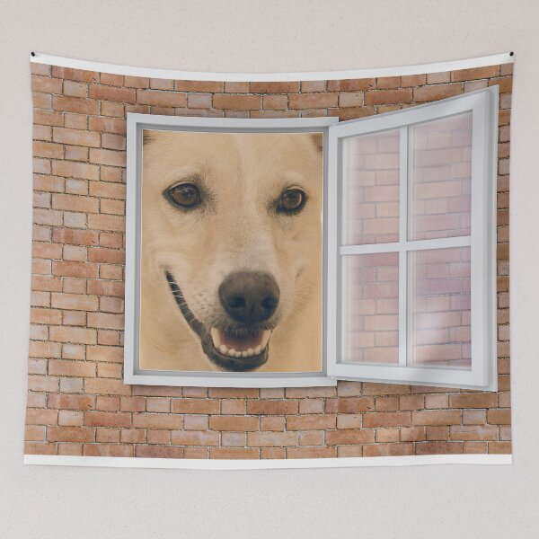 Item preview, Happy Smiling Dog Looking out Window - Brick Wall designed and sold by ittybittyowl.