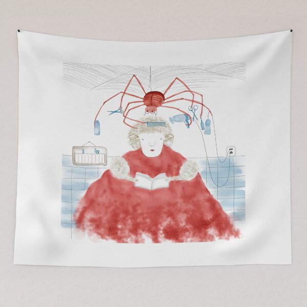 Item preview, Watercolor Illustration of a spider giving a sheep a haircut in a barber shop designed and sold by iswenyi.