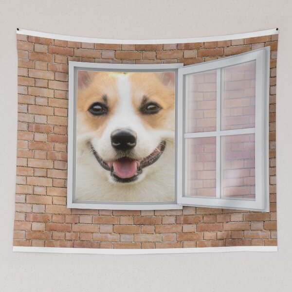Item preview, Happy Corgi Dog Looking out Window - Brick Wall designed and sold by ittybittyowl.