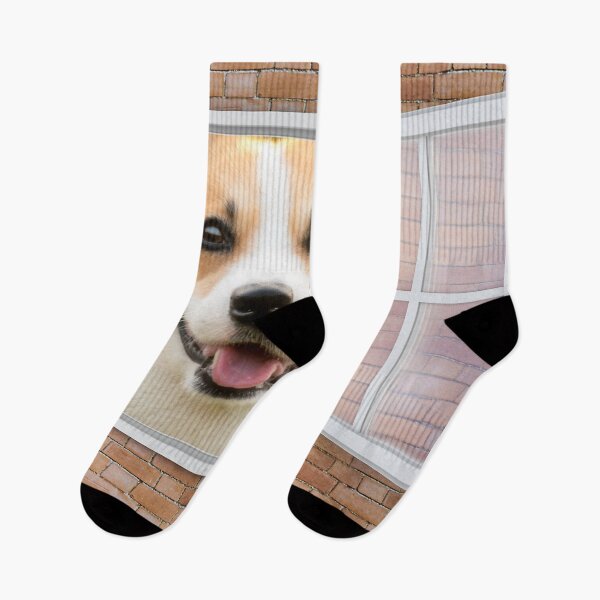 Item preview, Happy Corgi Dog Looking out Window - Brick Wall designed and sold by ittybittyowl.