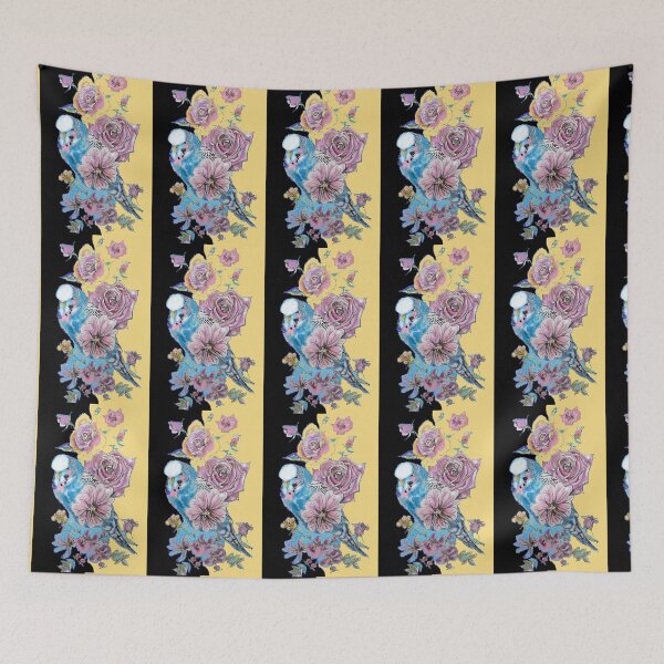 Item preview, Blue Budgie and Rose Watercolor Painting on Yellow and Black designed and sold by Sarah  Rajkotwala.
