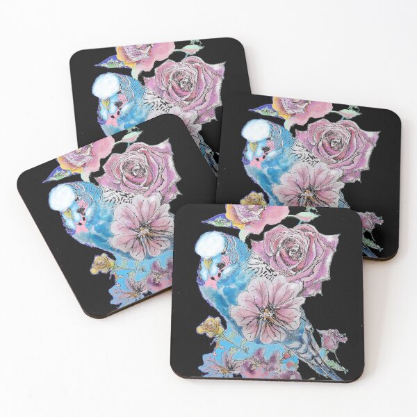 Item preview, Budgie Watercolor Blue and Roses Painting on Black designed and sold by Sarah  Rajkotwala.