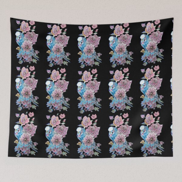 Item preview, Budgie Watercolor Blue and Roses Painting on Black designed and sold by Sarah  Rajkotwala.