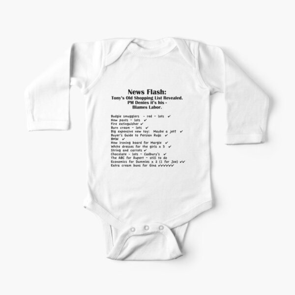 Tony S Shopping List Black Text Baby One Piece By Heatherian Redbubble