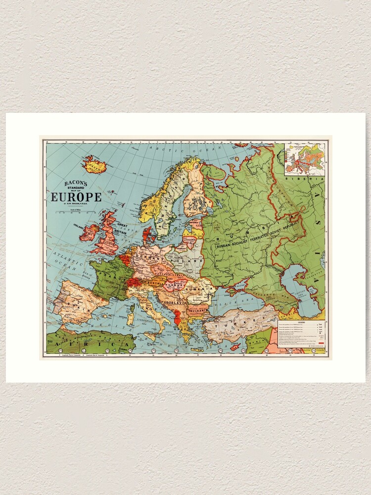 "Standard Map of Europe by George Washington Bacon (1830–1922) Vintage 