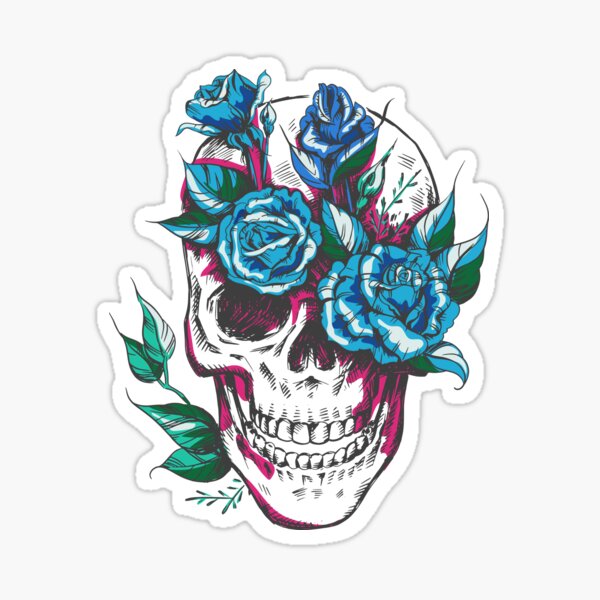 Skull With Blue Roses Sticker