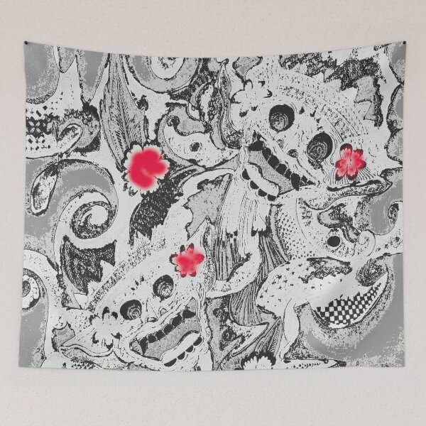 Item preview, Shades of Gray with Red Flowers Balinese Barong Indonesia designed and sold by AlteredAtelier.