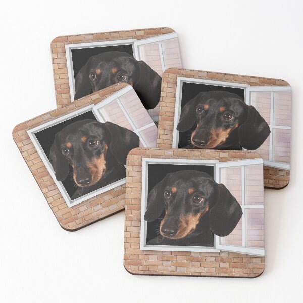 Item preview, Curious Dachshund Dog Looking out Window - Brick Wall designed and sold by ittybittyowl.
