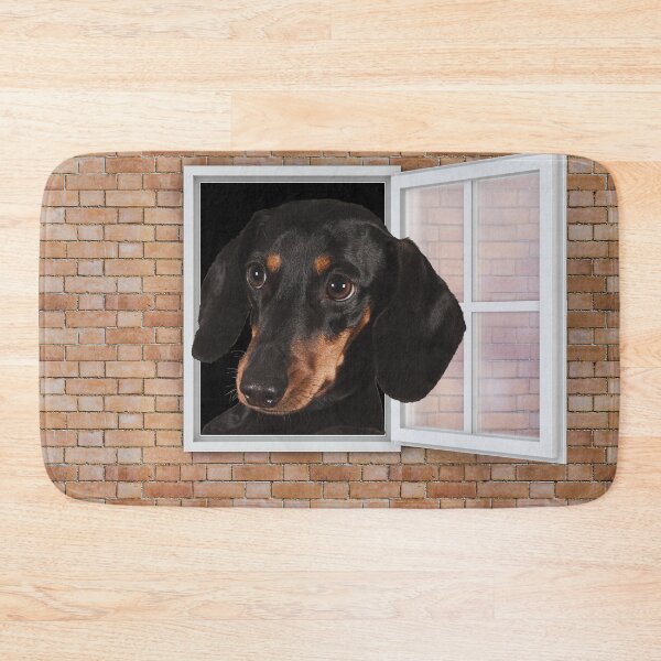 Item preview, Curious Dachshund Dog Looking out Window - Brick Wall designed and sold by ittybittyowl.