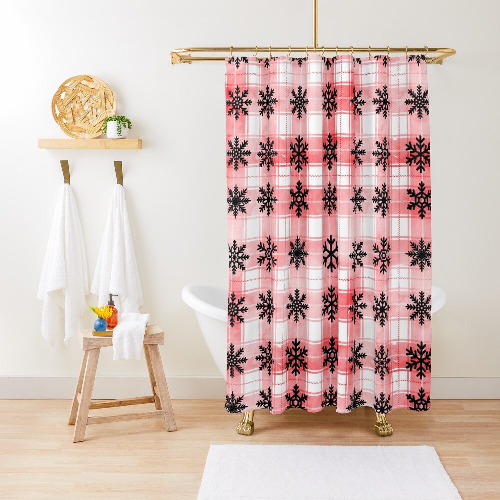 "Red Christmas Plaid Snowflakes patterns" Shower Curtain for Sale by