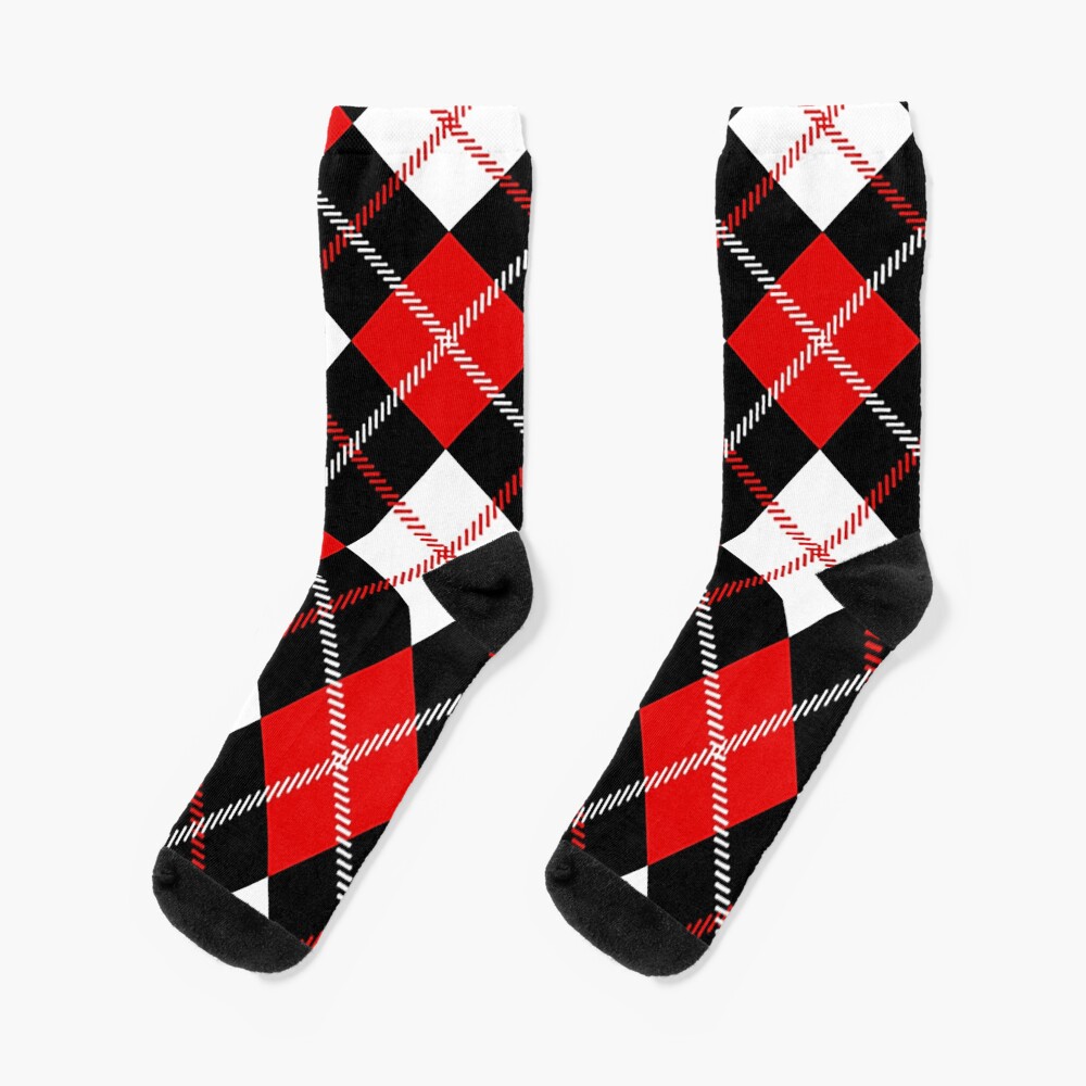 Red, White, Black Argyle, Plaid, Tartan Pattern Socks