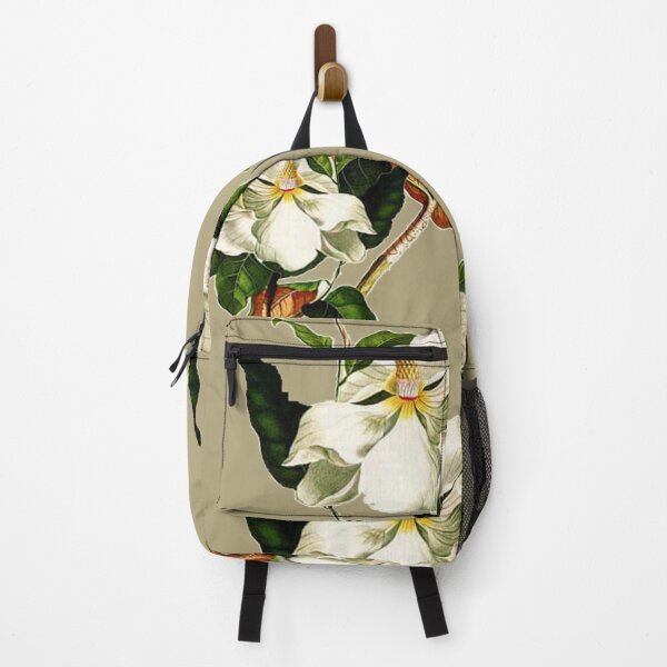Artikelvorschau, Weinlese-weiße Magnolien-Muster auf Khaki-Hintergrund entworfen und verkauft von The Mysterious Domain Alyne Whiteswan Fine Art Prints and Merch.