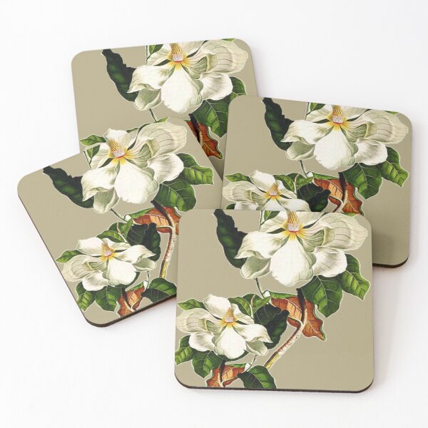 Artikelvorschau, Weinlese-weiße Magnolien-Muster auf Khaki-Hintergrund entworfen und verkauft von The Mysterious Domain Alyne Whiteswan Fine Art Prints and Merch.