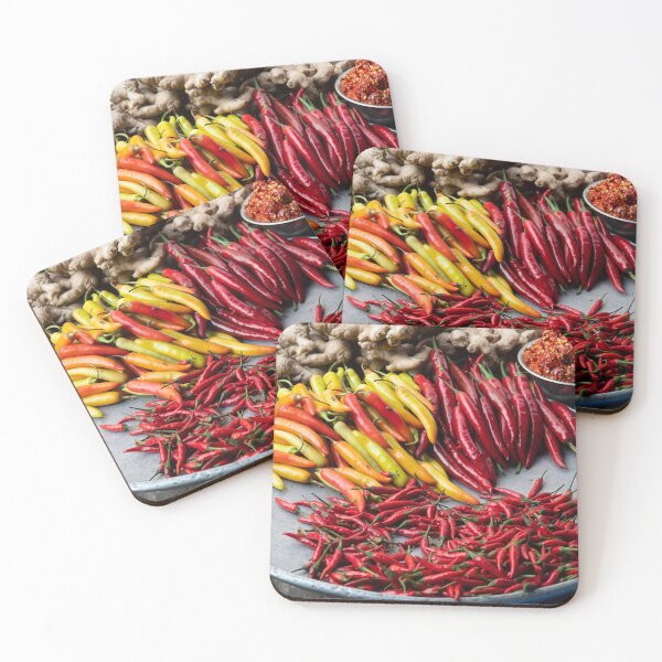 Item preview, Different types of peppers on plate at market in Vietnam designed and sold by krisgreenwood.