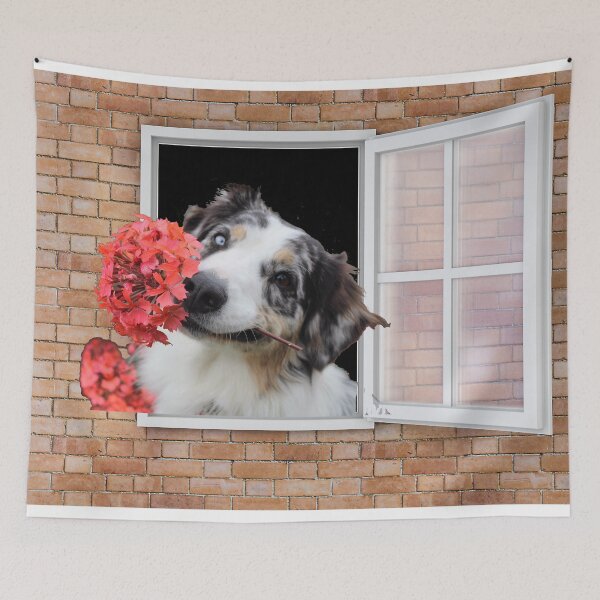 Item preview, Happy Shepherd Dog  With a Flower Looking out Window - Brick Wall designed and sold by ittybittyowl.