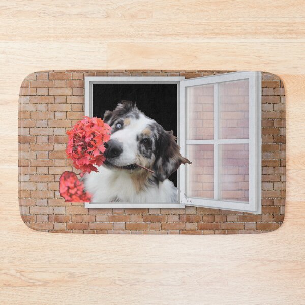 Item preview, Happy Shepherd Dog  With a Flower Looking out Window - Brick Wall designed and sold by ittybittyowl.