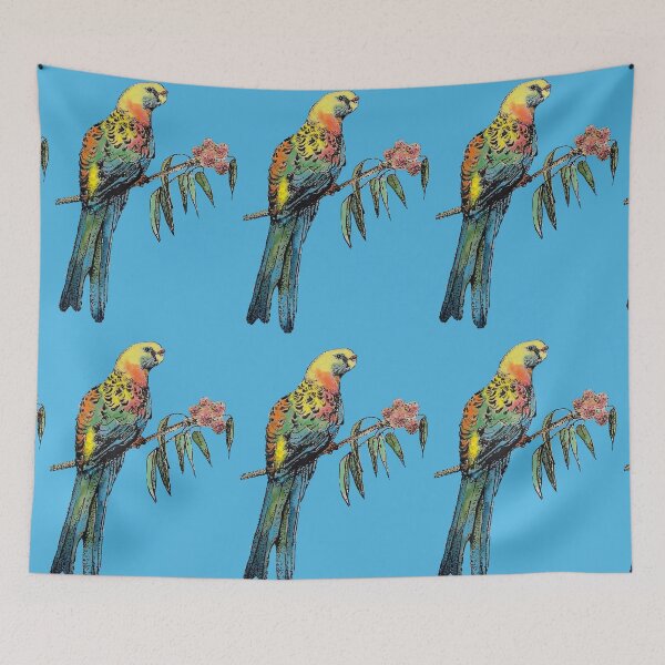 Item preview, Rosella Parrot Watercolor Painting on Teal Blue designed and sold by Sarah  Rajkotwala.