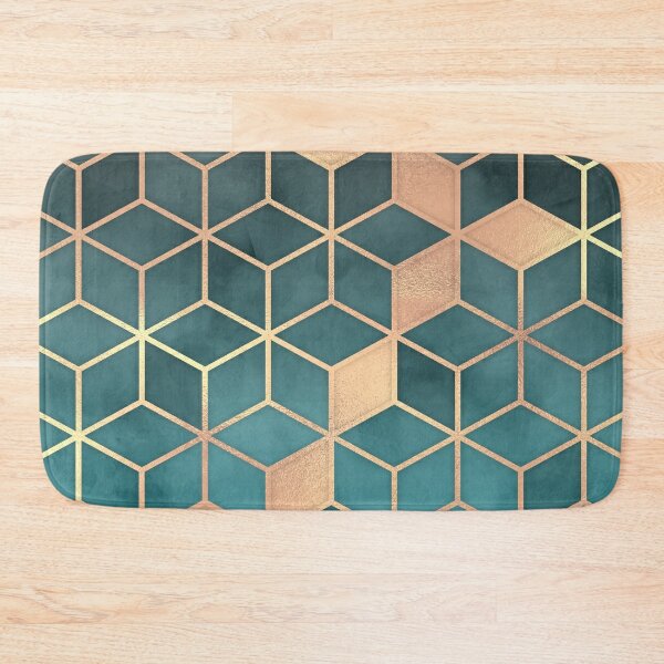 Turquoise Navy Blue Agate Black Gold Geometric Triangles Bath Mat by  BlackStrawberry