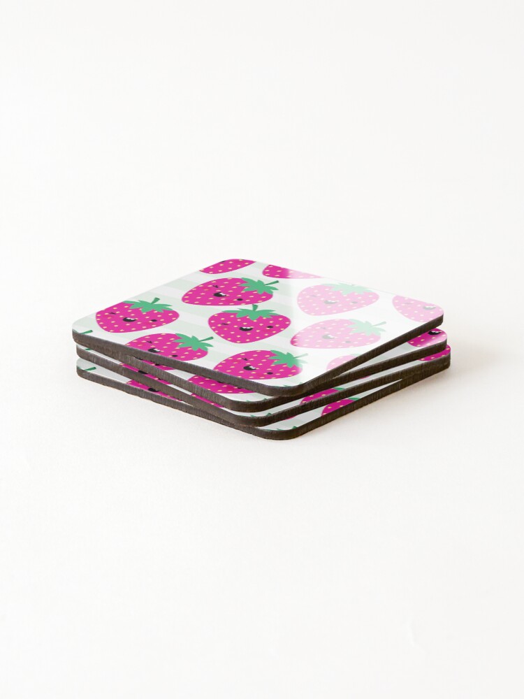 Thumbnail 4 of 5, Coasters (Set of 4), Smiling Fruit Strawberry Pattern designed and sold by ModkMerch.