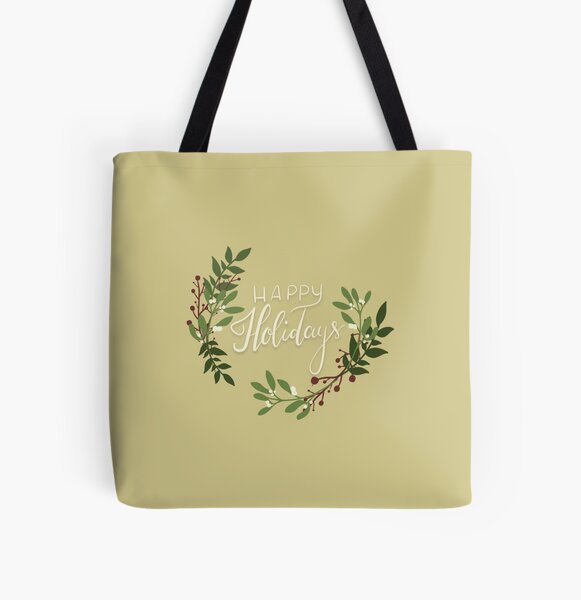 Happy Holidays Floral Wreath All Over Print Tote Bag