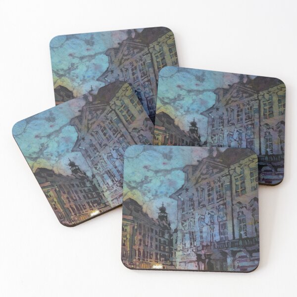 Item preview, Prague street scene at twilight- watercolor batik painting of city of Prague, Czech Republic.  Prague skyline art watercolor batik blue sunset art designed and sold by rfoxphoto.