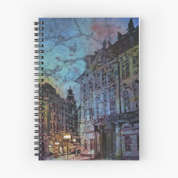 Item preview, Prague street scene at twilight- watercolor batik painting of city of Prague, Czech Republic.  Prague skyline art watercolor batik blue sunset art designed and sold by rfoxphoto.