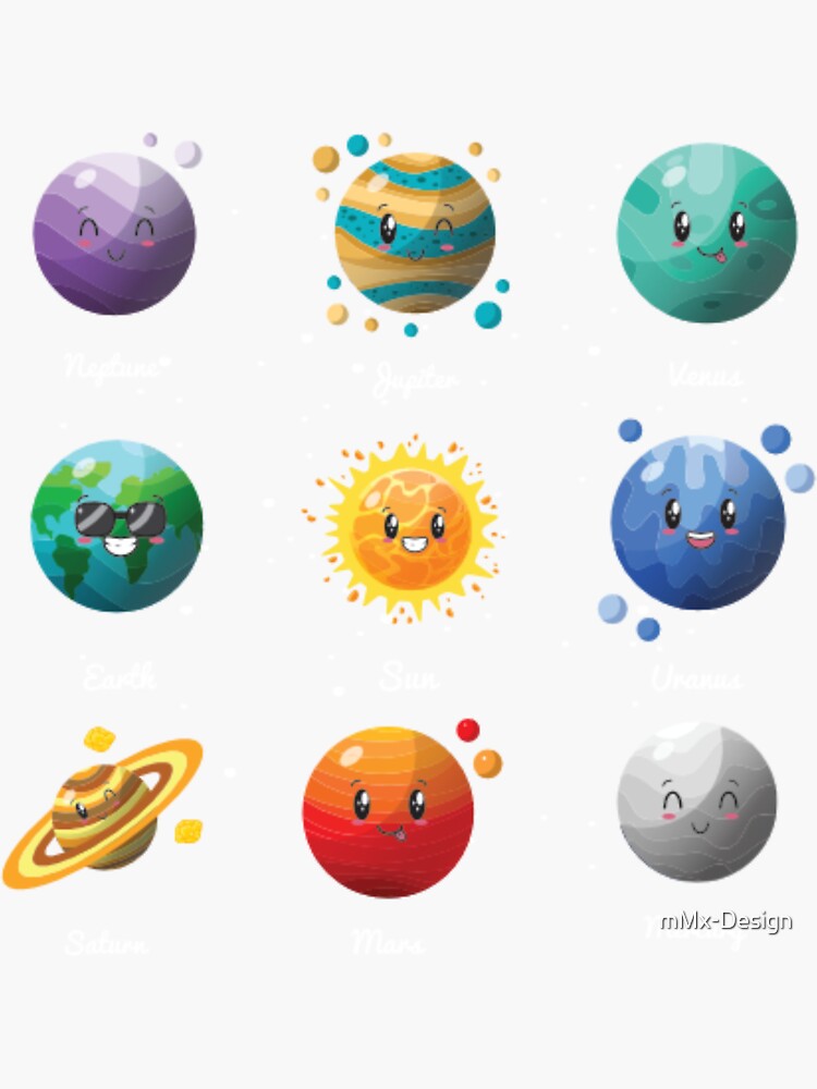 Planetas lindos con juego de pegatinas de caras graciosas, sistema solar.