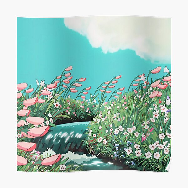 Fleurs d'anime dans le paysage de la rivière Poster