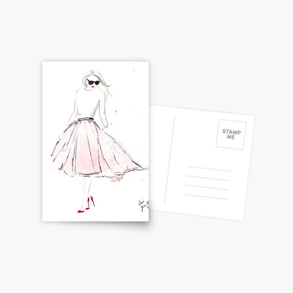 Watercolour & Ink Fashion Illustration Titled Pink Tulle Postcard