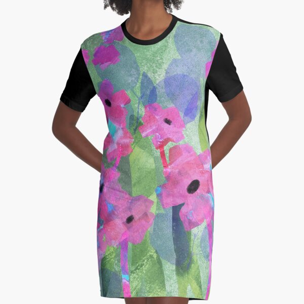 Pink Cosmos Abstract Floral Art Graphic T-Shirt Dress